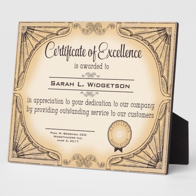 certificate of excellence employee recognition plaque (Side)