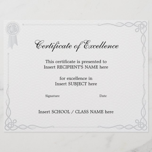 CERTIFICATE OF EXCELLENCE FLYER (Front)