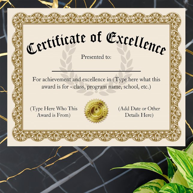 Certificate of Excellence Gold Customisable 8.5x11 (custom printed certificate of excellence)