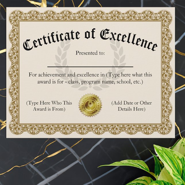Certificate of Excellence Gold Customisable 8.5x11 (Certificate of Excellence)