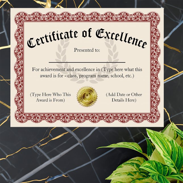 Certificate of Excellence Red Customisable 8.5x11 (certificate of excellence)
