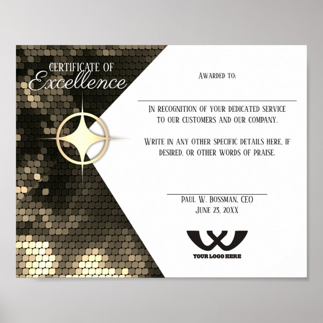 Certificate of excellence staff employee award poster (Front)