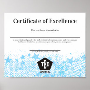 Certificate of excellence staff employee award poster