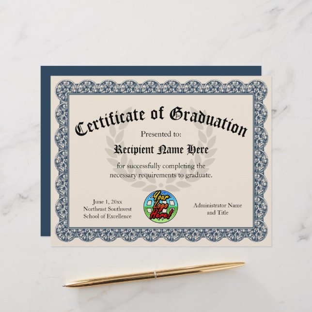 Certificate of Graduation Blue Customisable Logo (Front/Back In Situ)