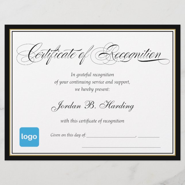 Certificate of Recognition Award  - Add Logo (Front)