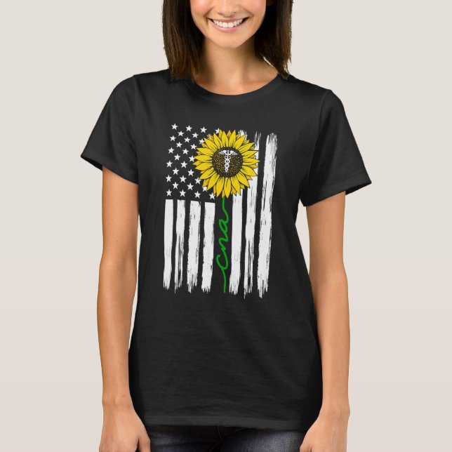 Certified Nursing Assistant Sunflower US Flag CNA  T-Shirt (Front)