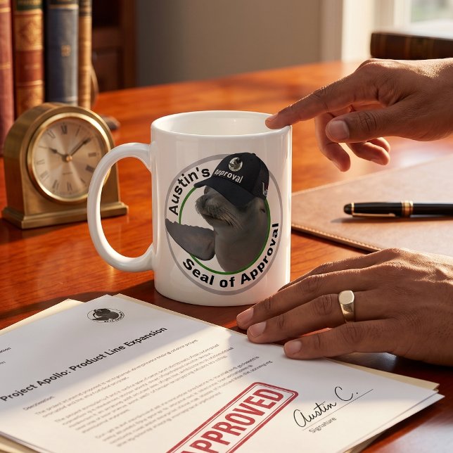 Certified Seal of Approval | Deadpan Seal Custom Coffee Mug (Lifestyle Shot)