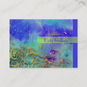 Cerulean Blue, Abstract /Faux Gold Filigree Swirls Business Card