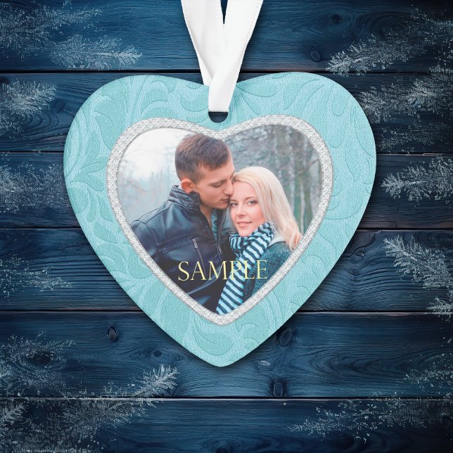 Cerulean Blue Brocade Keepsake Photo Template Ornament (Creator Uploaded)