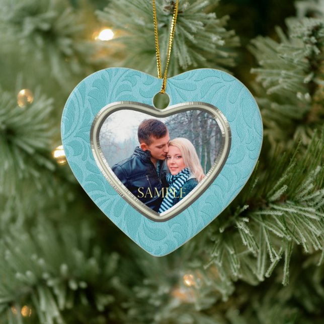 Cerulean Blue Brocade Keepsake Template Ceramic Ornament (Tree)