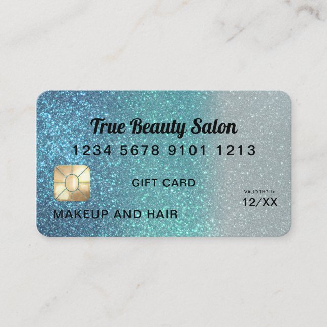 Cerulean Blue Glitter Credit Card Gift Certificate (Front)