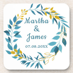 Cerulean Blue Gold Glitter Wedding Coaster