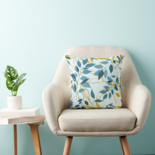 Cerulean Blue Golden Branches Throw Pillow
