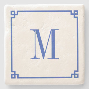 Cerulean Blue Greek Key Border Monogram Stone Coaster