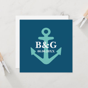 Cerulean blue nautical anchor logo square wedding invitation