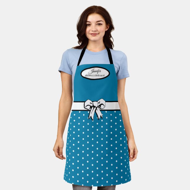 Cerulean Blue Polka Dot White Bow Personalised Apron (Worn)
