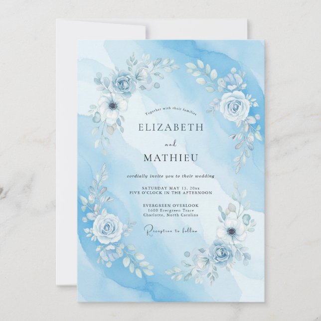 Cerulean Blue Serene Watercolor Wedding Invitation (Front)