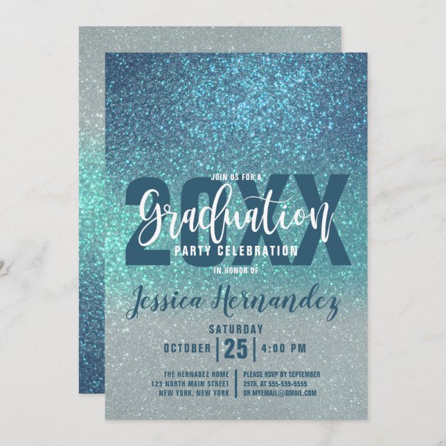 Cerulean Blue Teal Triple Glitter Ombre Graduation Invitation (Front/Back)
