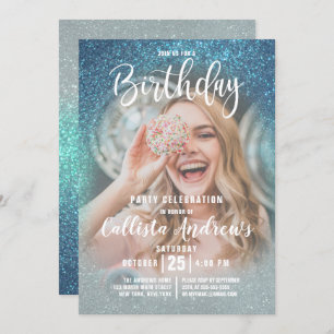 Cerulean Blue Triple Glitter Ombre Photo Birthday Invitation
