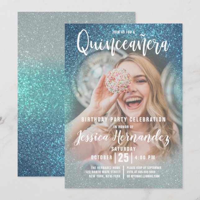 Cerulean Blue Triple Glitter Photo Quinceañera Invitation (Front/Back)