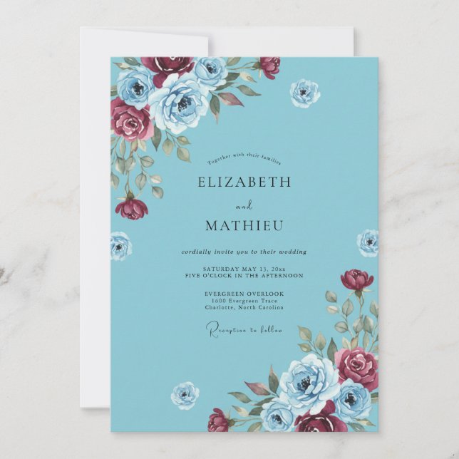 Cerulean Burgundy Leaf Wedding Invitation (Front)