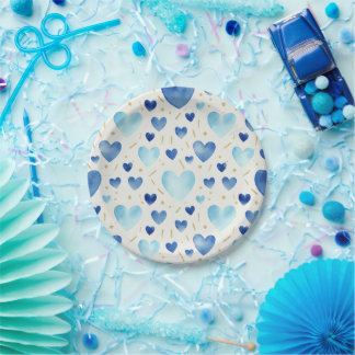 Cerulean Dream Watercolor Hearts Pattern Paper Plate