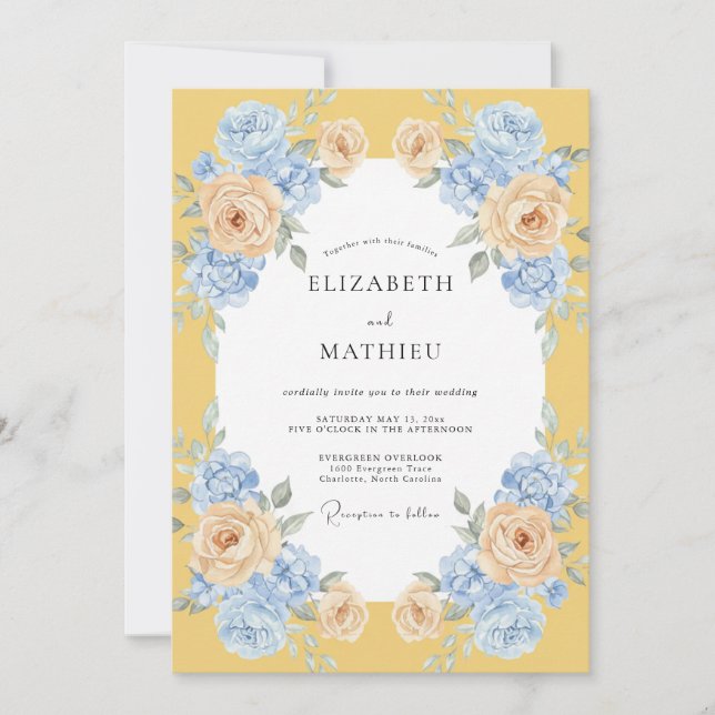 Cerulean Gold Petal Wedding Invitation (Front)
