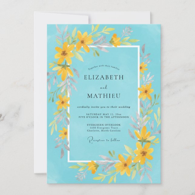Cerulean Marigold Wildflower Wedding Invitation (Front)