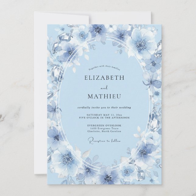 Cerulean Painted Peony Wedding Invitation (Front)