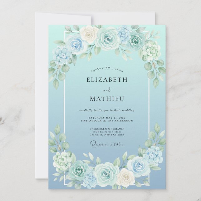 Cerulean Painted Rose Wedding Invitation (Front)