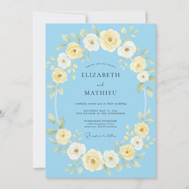 Cerulean Yellow Wreath Wedding Invitation (Front)