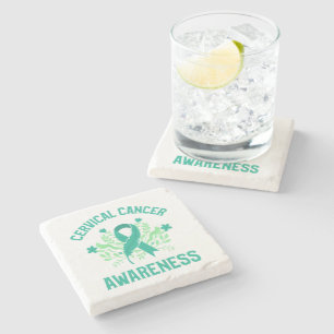 Cervical Cancer Awareness Floral Teal Ribbon Stone Coaster