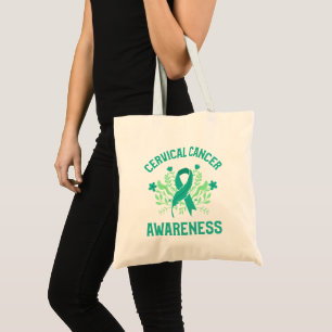 Cervical Cancer Awareness Floral Teal Ribbon Tote Bag
