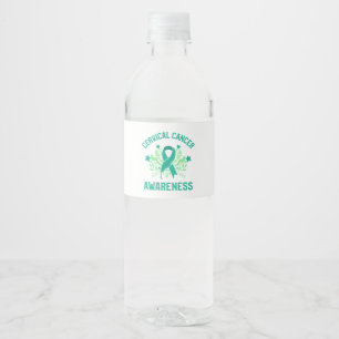 Cervical Cancer Awareness Floral Teal Ribbon Water Bottle Label