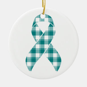Cervical Cancer Awareness Plaid Teal Ribbon Ceramic Ornament