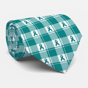 Cervical Cancer Awareness Plaid Teal Ribbon Tie