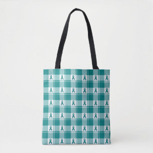 Cervical Cancer Awareness Plaid Tote, Teal Ribbon Tote Bag