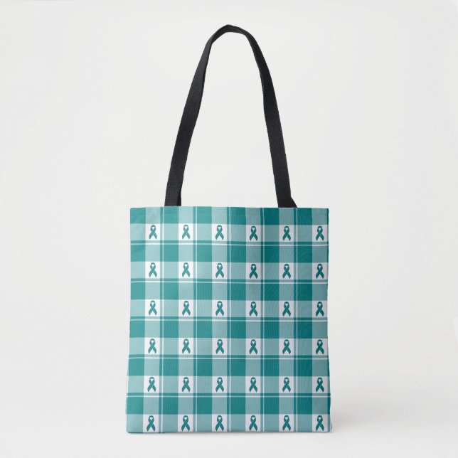 Cervical Cancer Awareness Plaid Tote, Teal Ribbon Tote Bag (Front)