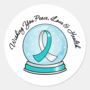 Cervical Cancer Ribbon Merry Christmas Snowglobe Classic Round Sticker