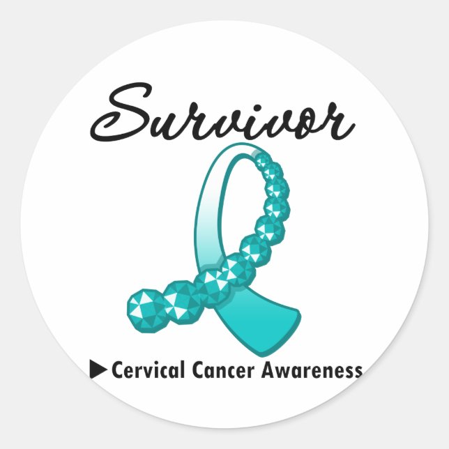 Cervical Cancer Survivor Gemstone Ribbon Classic Round Sticker (Front)