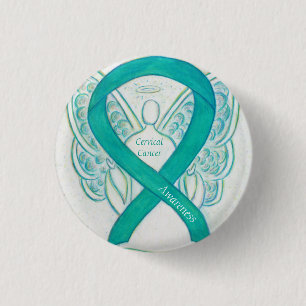 Cervical Cancer Teal Awareness Ribbon Angel Button