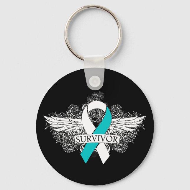 Cervical Cancer Winged SURVIVOR Ribbon Key Ring (Front)