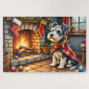 Cesky Terrier Fireplace with Christmas Lights Jigsaw Puzzle