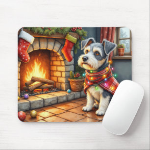 Cesky Terrier Fireplace with Christmas Lights Mouse Pad