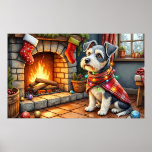 Cesky Terrier Fireplace with Christmas Lights Poster
