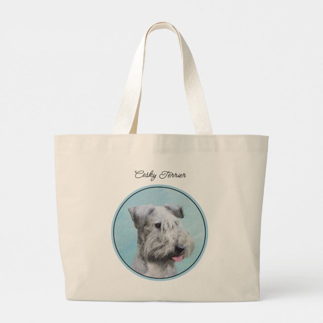 Cesky Terrier Painting Cute Original Pet Dog Art Large Tote Bag (Back)