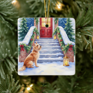 Cesky Terrier Snowy Staircase Christmas Art Ceramic Ornament