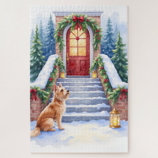Cesky Terrier Snowy Staircase Christmas Art Jigsaw Puzzle (Vertical)