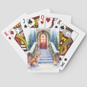 Cesky Terrier Snowy Staircase Christmas Art Playing Cards