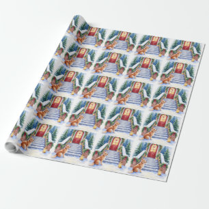 Cesky Terrier Snowy Staircase Christmas Art Wrapping Paper